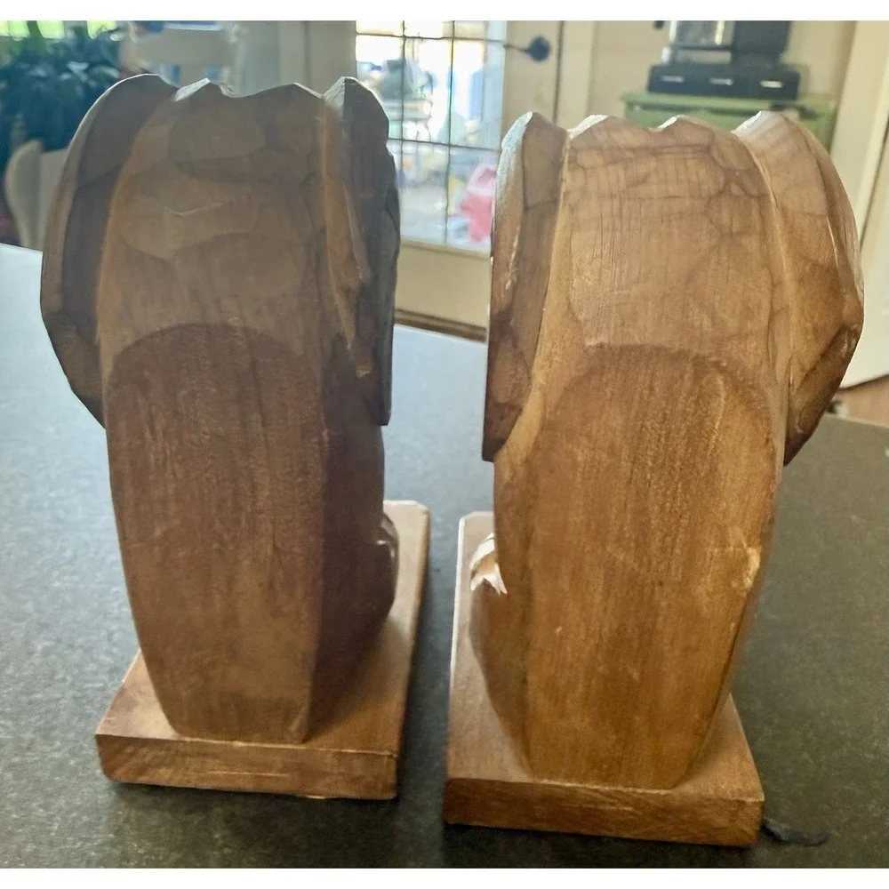 Vintage Hand-Carved Solid Wood Elephant Bookends (Pair)